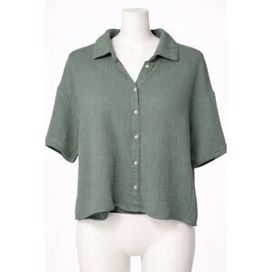 Sage Green Textured Button Up Blouse Women's Short Sleeve Collared Top
